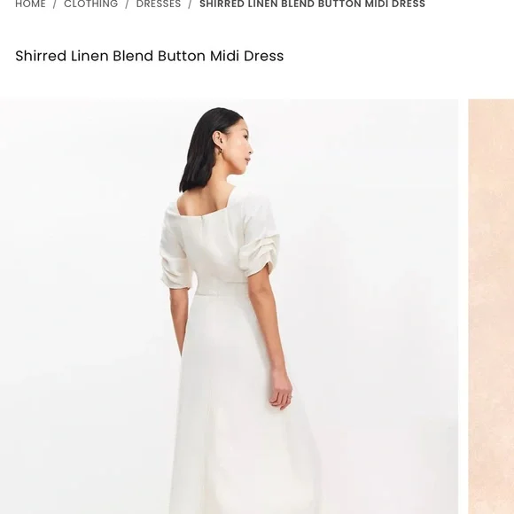 LOFT Cream Shirred Linen-Blend Button Midi Dress - Picture 2 of 5